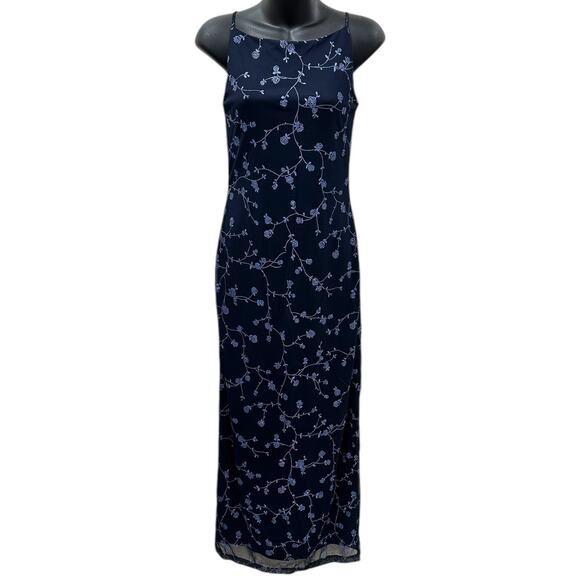 90s City Triangles Sparkle Blue Floral Sheer Maxi Dress - Picture 1 of 7